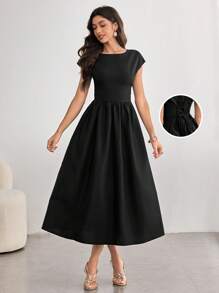 Modelyn Damska sukienka z okrągłym dekoltem i rękawami typu raglan, elegancka, czarna, z paskiem