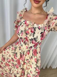 Modelyn Váy dài voan mỏng in họa tiết hoa kỹ thuật số cổ vuông mùa hè kiểu Pháp dành cho nữ - Nhiều màu - Xem 2