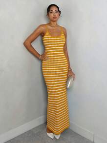 Glamine Váy dệt kim dài vừa phải không tay sọc đen trắng thanh lịch, mùa xuân/hè - Màu Mù tạt vàng - Xem 4