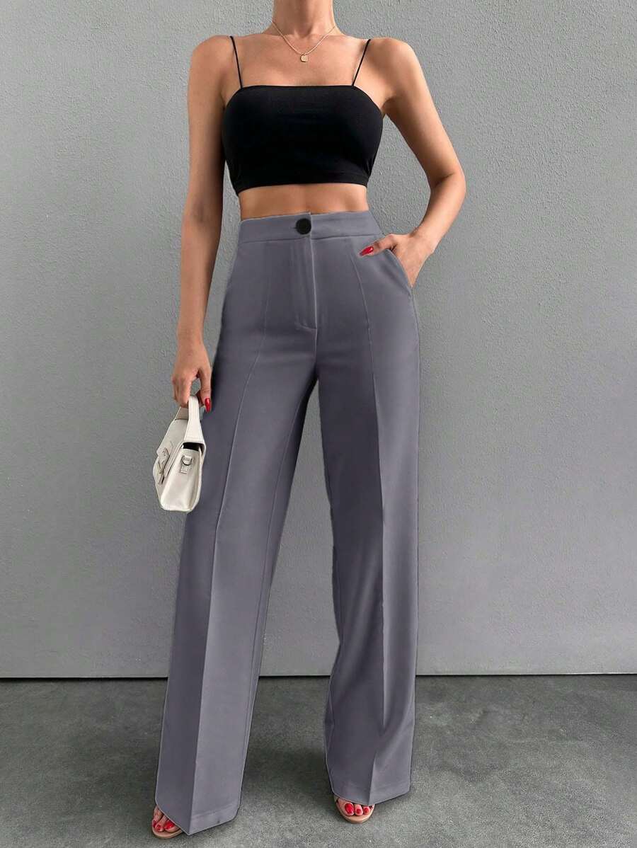 SHEIN Pantaloni casual cu croială dreaptă pentru femei, cu design solid și scobitor, cu buzunar - Gri - Vizualizare 1