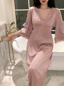 DAZY Gaun Tidur Wanita Model V-Neck dengan Hiasan Renda dan Lengan Tiga Perempat Tanpa Punggung, Cocok untuk Musim Gugur, Musim Dingin, dan Hari Valentine - Baby Pink - View 5