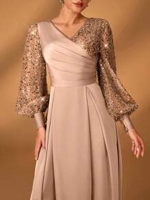 Serin Elegancka luksusowa sukienka damska z satyny z koralikami i cekinami, z rękawami w kształcie latarni, z dekoltem w serek i marszczeniami na dole w kształcie litery A, odpowiednia dla matek na wesela, imprezy, przyjęcia, wieczorne gale