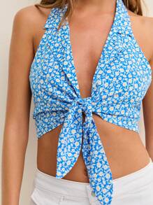 Nöista Sleeveless Halter Crop Top Tie Front Summer Spring Vacations Print And Smock Stitching Back - Blue - View 4