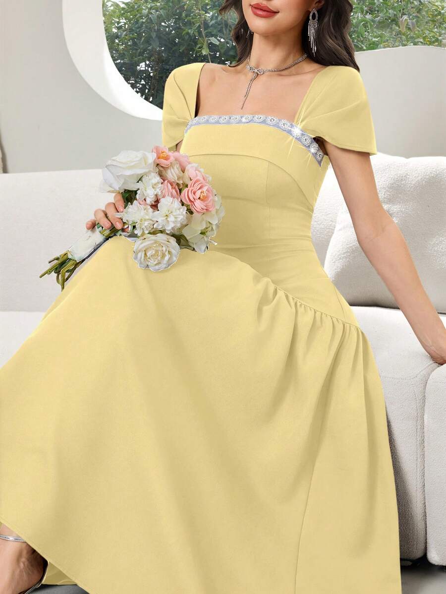 Modelyn Women's Elegant Party Square Neck Rhinestone Waist Dress - Yellow - View 1