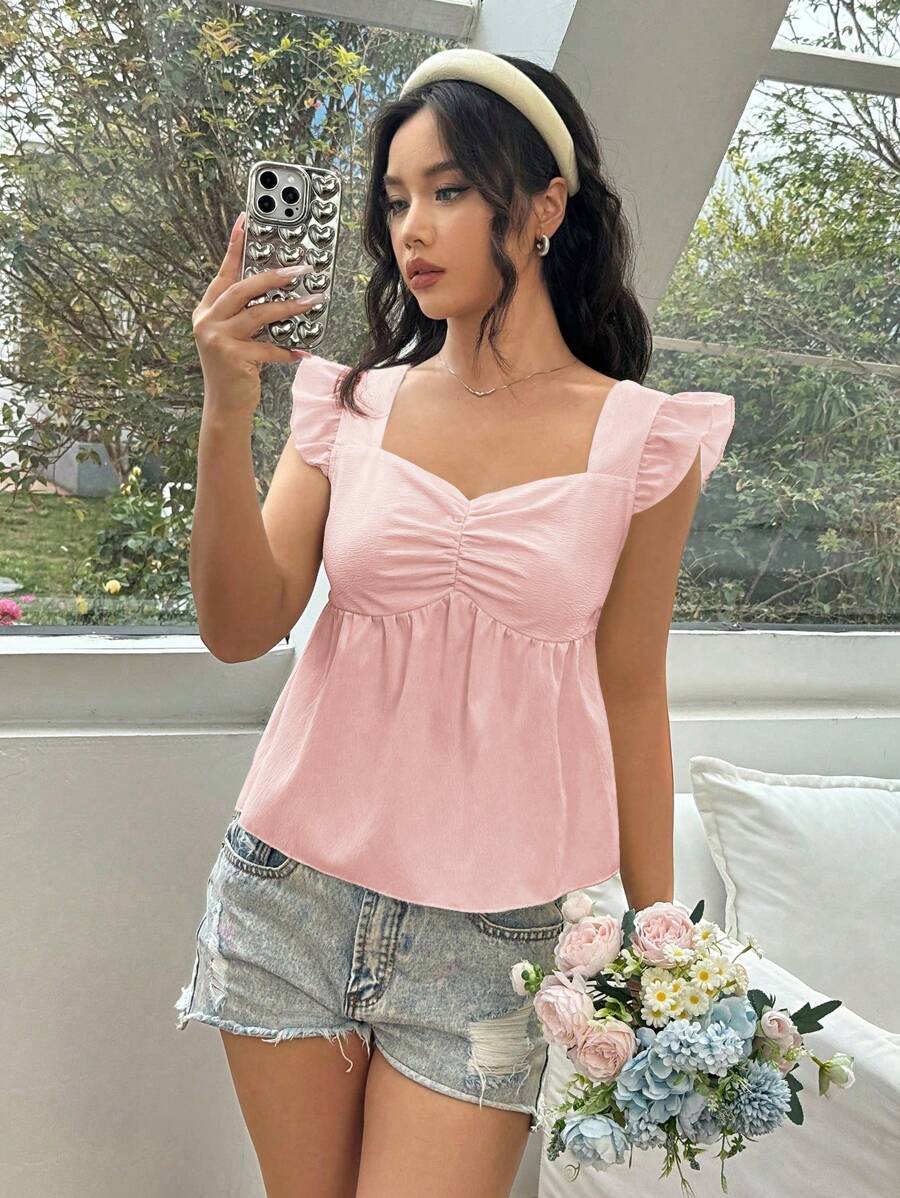 SHEIN Unity Áo sơ mi họa tiết màu trơn có nhún ngực và áo peplum cổ tim - Hồng - Xem 1