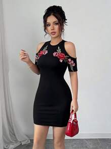 Elenzga 女士性感花卉刺绣露肩紧身迷你连衣裙，夏季 - 黑色 - 查看 4