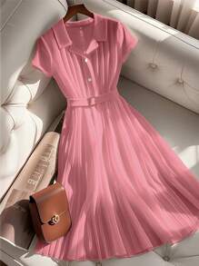 GlowEve Váy ngắn màu trắng cổ polo xếp ly chiffon kiểu Pháp thanh lịch thời trang mới, tay ngắn mùa hè - Bụi hồng - Xem 6