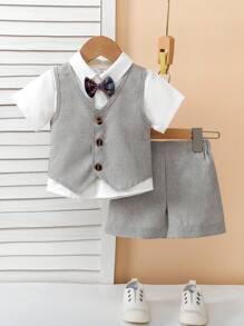 SHEIN 3pcs Baby Vest, Shorts & Bowknot Set, Baby's First Mother's Day Outfit. The Sleeveless Vest Is Light Gray With A Decorative Button Detail, Paired With A Small Multi-Color Bowknot. Matching Light Gray Shorts Complement The Vest. Suitable For Children's Occasions Such As Small Weddings Or Children's Concerts. - Multicolor - View 7