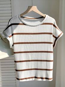 Comfortcana 女式休闲撞色条纹蝙蝠袖T恤，夏季 - 咖啡棕 - 查看 6