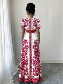 Elenzga Nuevo vestido de tela estampado con cuello en V, manga abultada y cierre en la cintura para mujeres, elegante y estilizador, adecuado para el estilo de Oriente Medio