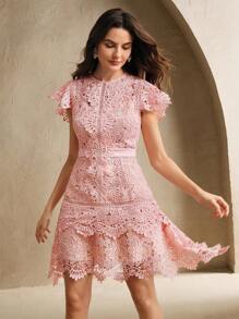 Anewsta Mùa xuân, kỳ nghỉ, lễ hội cho phụ nữ thanh lịch ren thêu vá hoa cổ tròn tay ngắn thường ngày - Hồng - Xem 3