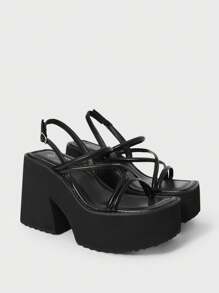 Sugerpunk 女士方头厚底坡跟踝带凉鞋，哥特朋克风格交叉带粗高跟露趾鞋，舒适休闲通勤派对装