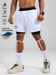 Manfinity Sport Polished Herren Buchstaben Muster elastische Taille Doppelschicht Sport Shorts Radlerhose Laufshorts