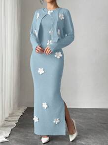 Elenzga 女士优雅纯色夹克和连衣裙两件套，花卉装饰，适合春夏季 - 淺藍色 - 查看 6