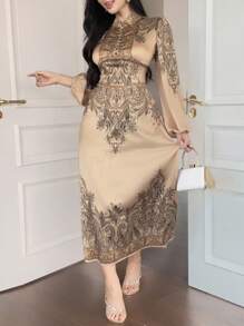 DAZY Damen Party Blume Muster Rundhals Langarm Farbblock Kleid, Herbst Feiertag Geburtstags Feier Hochzeitsgast Outfit