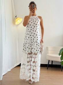 Islaluna Women's Elegant Floral Print Patchwork Ruffle Hem Dress, Summer