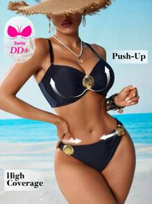 Swim DD+ Women's Summer Swimwear, Double Shoulder Large Bust DD Push Up, Fashion Hot-Selling Shell Decor, Sexy Party Beach Resort 2 Pieces Set