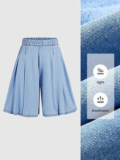 Tween 女童户外休闲百搭纯色水洗蓝色褶皱宽松宽 A 字形松紧腰牛仔短裤，适合学校、校园、学院