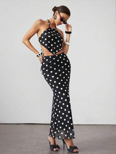 ROMWE Avant 2-teiliges Set: Vintage Polka Dot Träger Oberteil und lange Polka Dot Fishtail Rock, Y2K Urlaubsstil für Frauen