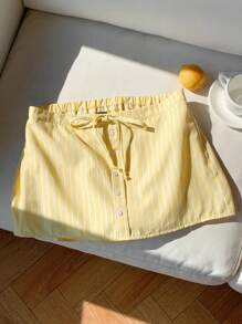 Comfortcana Women Summer Button-Up Striped Knot Hem Shorts - Yellow - View 4