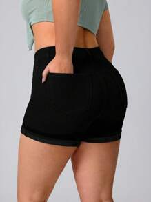Flexra 大码女式弹力牛仔蓝色性感时尚短裤 - 黑色 - 查看 2