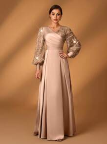 Serin Elegancka luksusowa sukienka damska z satyny z koralikami i cekinami, z rękawami w kształcie latarni, z dekoltem w serek i marszczeniami na dole w kształcie litery A, odpowiednia dla matek na wesela, imprezy, przyjęcia, wieczorne gale