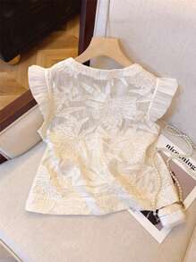 SHEIN Frenchy Blusa de moda con cuello redondo, abotonada, de manga corta y jacquard, para verano