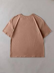 INAWLY Plus Size Casual Round Neck Short Sleeve Letter Print T-Shirt - Khaki - View 2