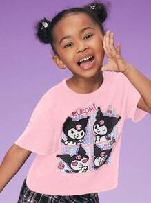 HELLO KITTY AND FRIENDS | SHEIN 年轻女孩黑色卡通印花休闲百搭针织短袖T恤 - 粉色 - 查看 3