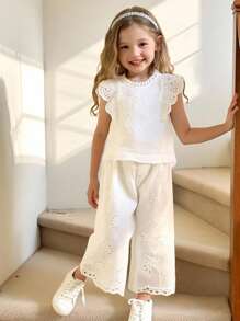 Elladie kids Young Girl 2-Piece Set Summer New Arrivals, Simple Embroidered Fabric Blouse With Cap Sleeves & Ruffled Collar, Casual Straight-Leg Pants, Retro Style Versatile Outfit For Girls