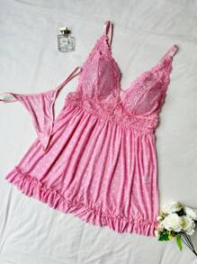 SHEIN 2pcs Plus Size Lace Contrast Mesh Sexy Lingerie Set