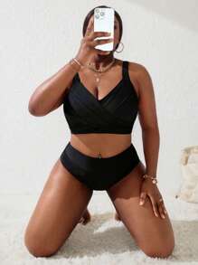 Slaydiva 2 件套加大码女式黑色和粉色叠加褶皱分体泳衣套装，夏季海滩度假