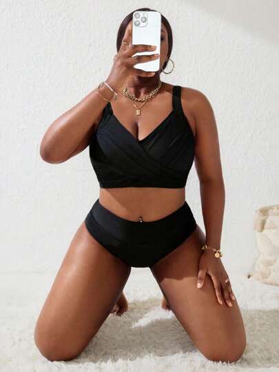 Slaydiva 2 st/set Plus Size Dam Svart & Rosa Overlay Rynkad Tankini Baddräkt Set, Sommar Strandsemester