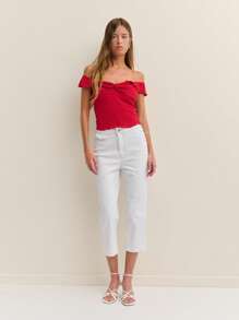 Nöista Off Shoulder Top With Ruffle Detail, Bardot Neckline Summer Lettuce Hem Vacation 4th Of July Top - Red - View 6