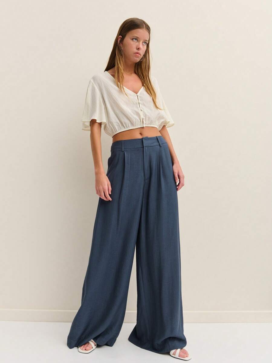 Nöista 女士阔腿长裤，夏季度假休闲宽松风 - 墨綠色 - 查看 1