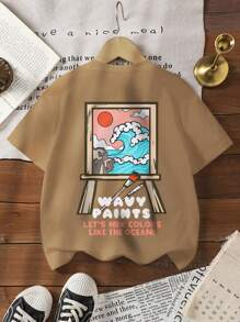 SHEIN Tricou casual cu mânecă scurtă și guler rotund cu model de desene animate pentru băieți tineri