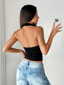 Elenzga 女士纯色垂坠领短款针织黑色背心，适合外出穿着 - 黑色 - 查看 2