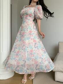 Feyla Damen Sommerkleid mit Blume Muster, quadratischem Ausschnitt, Puffärmeln und geraffter Taille, knielang