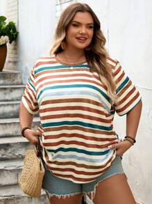 SHEIN CURVE+ 大码度假撞色条纹休闲夏季短袖T恤 - 彩色 - 查看 6