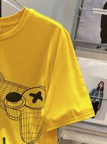 SHEIN Set de 2 piezas de camiseta de manga corta con estampado de videojuegos y pantalones cortos a juego, informal, de mezcla de algodón para adolescentes varones, de verano