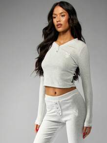 Missguided x Playboy MISSGUIDED Conjunto de pijama informal de manga larga tipo Henley con top corto y pantalón, de punto acanalado suave ultra