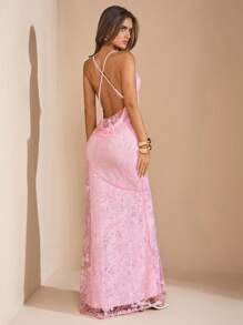 SHEIN BAE 纯色纹理闪光吊带连衣裙，露背吊带，适合度假和海滩，春夏季花卉印花串珠亮片装饰连衣裙，露背粉色连衣裙，春夏季 - 粉色 - 查看 2