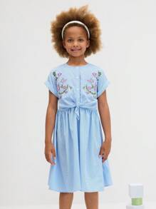 Leap Crew Leap Crew Gaun Kasual Anak Perempuan Remaja Lengan Pendek Leher Bulat Motif Garis-garis dan Bordir Bunga Model A-Line - Blue and White - View 4