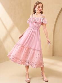 Elegant Teen Girl Summer Pink Embroidered Hollow Out Ruffle Cold Shoulder Adjustable Strap Mid-Length Spaghetti Strap Camisole Dress, Suitable For Casual, Party, & Daily Wear - Pink - View 3