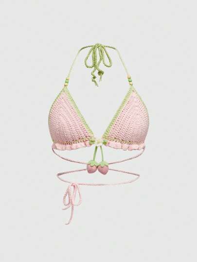 Kawaii Suéter de punto con estampado de fresa, de escote halter sexy, tejido a mano, color rosa, para mujer