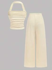 Girlism Teen Girl Apricot Solid Color Ruched Textured Cropped Halter Top With Solid Color Wide Leg Pants 2 Pieces Outfit Set, Suitable For Vacation, Festivals, Lunch, Music Festivals And Outings In Spring/Summer