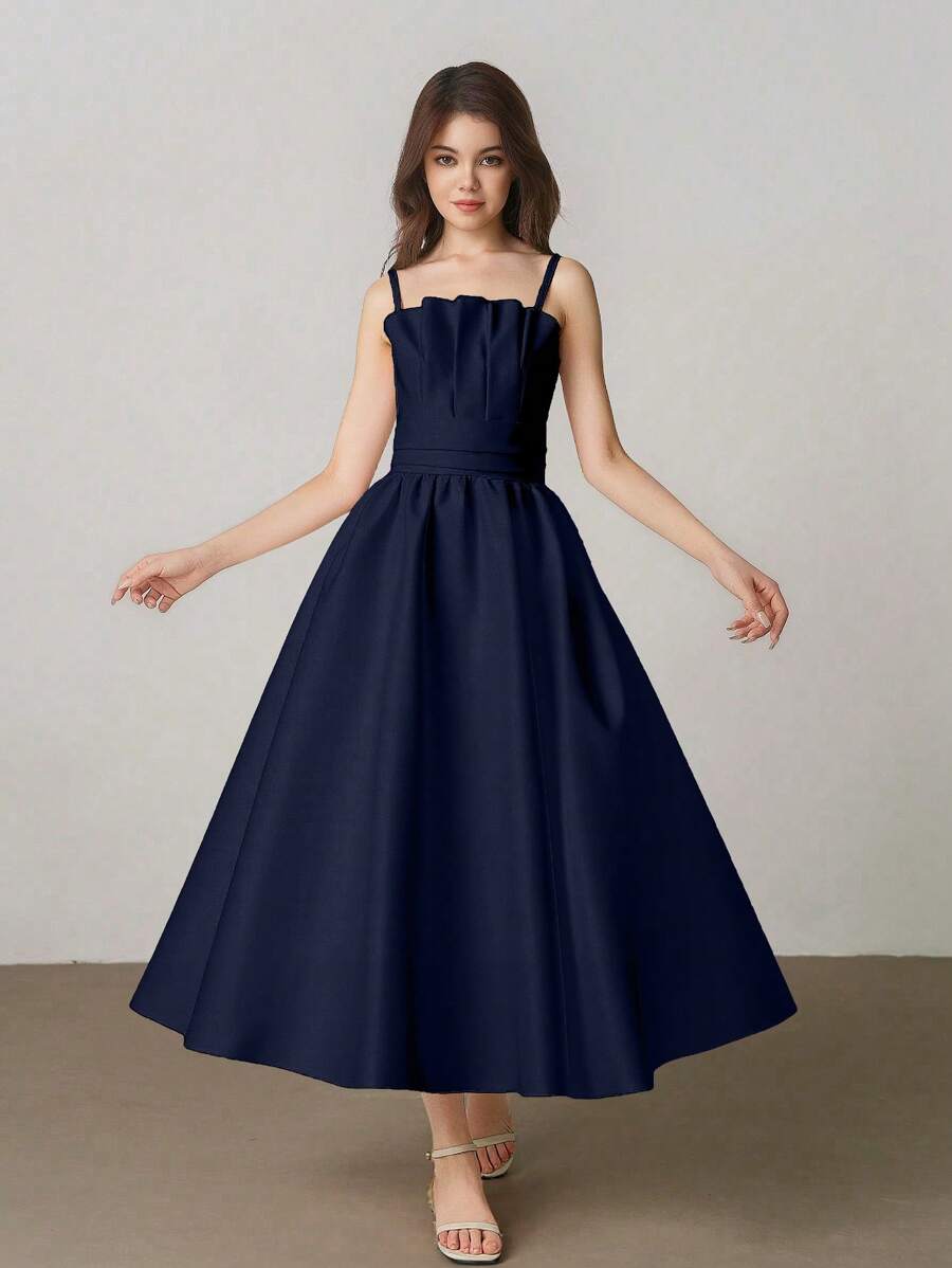 Elegant Sleeveless High Waist Maxi Solid Pleated Dress For Teens & Girls, Suitable For Wedding & Formal Events, White Series - Navy Blue - View 1