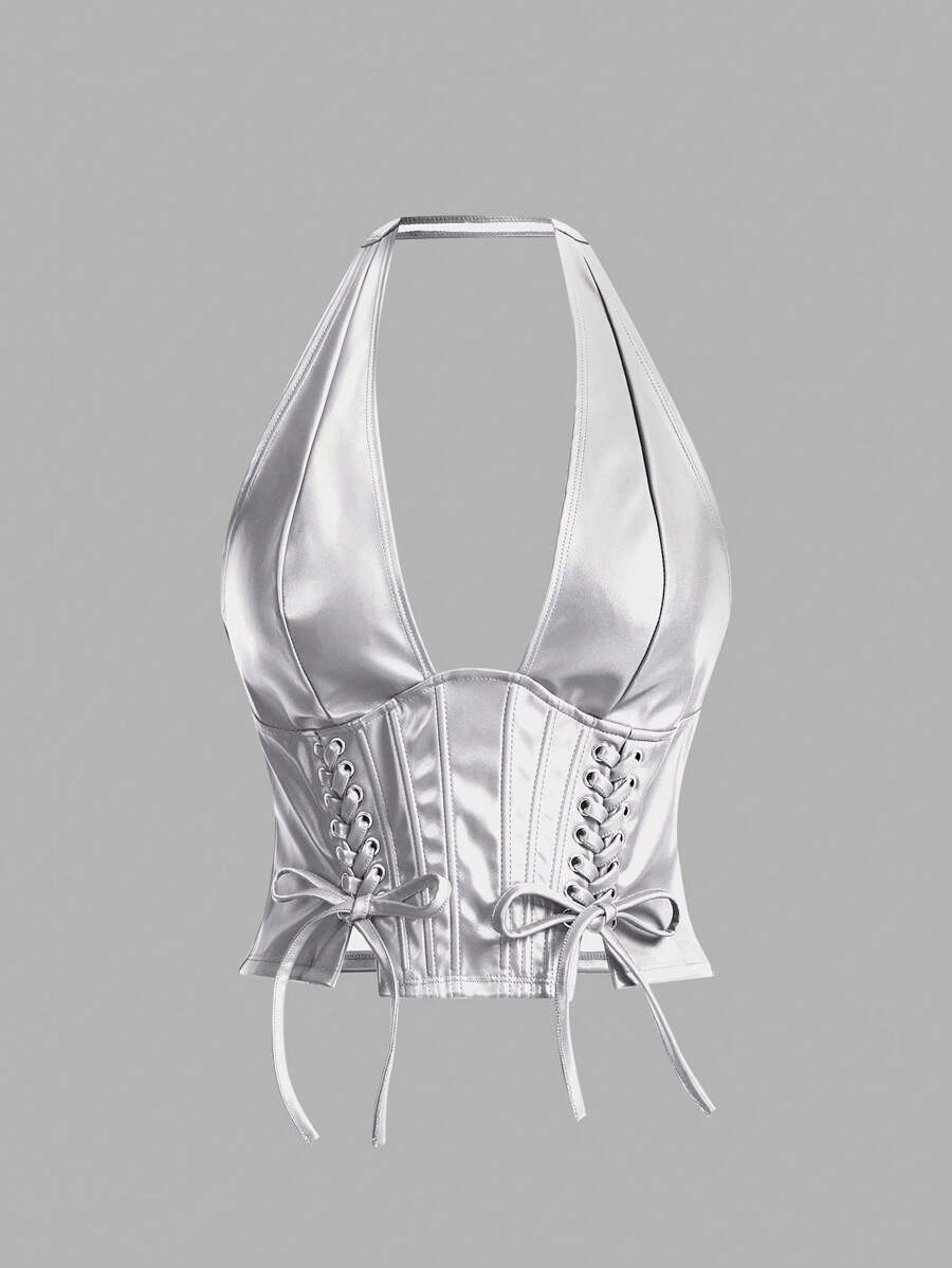 SHEIN ICON Áo hở vai cổ chữ V màu trơn đơn giản giản dị bằng da PU cho nữ, trang trí cổ yếm, buộc dây, Y2K, đi chơi - Bạc - Xem 1