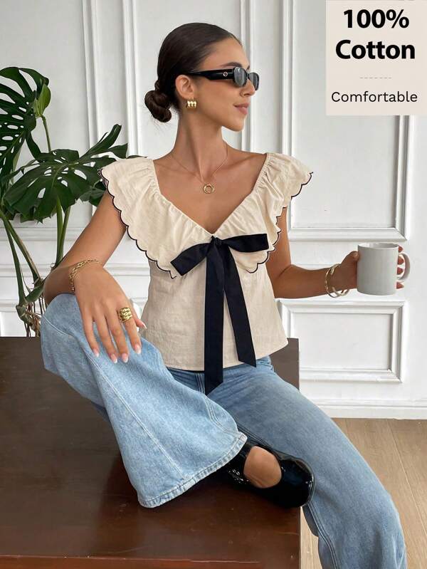 Serisse Women's Summer  French 100% Cotton  Solid Color Bow Decor Ruffle Trim Fashionable Blouse Women's Solid Shirt With Ruffles, A Fine Neckline And A Ribbon Women Vacation Outfits Women Western Wear Women Summer Outfits For Women Western Wear Women