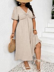 SHEIN Frenchy Große Größen Damen einfarbiges minimalistisches Twist Knoten V-Ausschnitt Kurzarm A-Linien Kleid